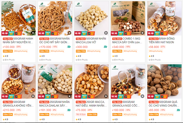 Fresh nuts on Shopee e-commerce site