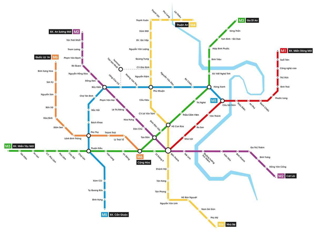 Sơ đồ 8 tuyến tàu điện ngầm dự kiến ​​tại Thành phố Hồ Chí Minh