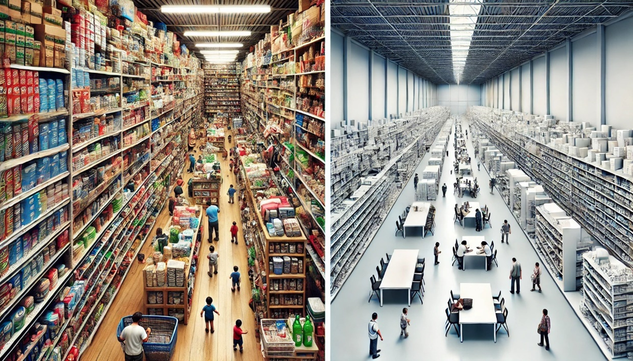 An image of a Small Crowded Store vs. a Large Empty Retail Space