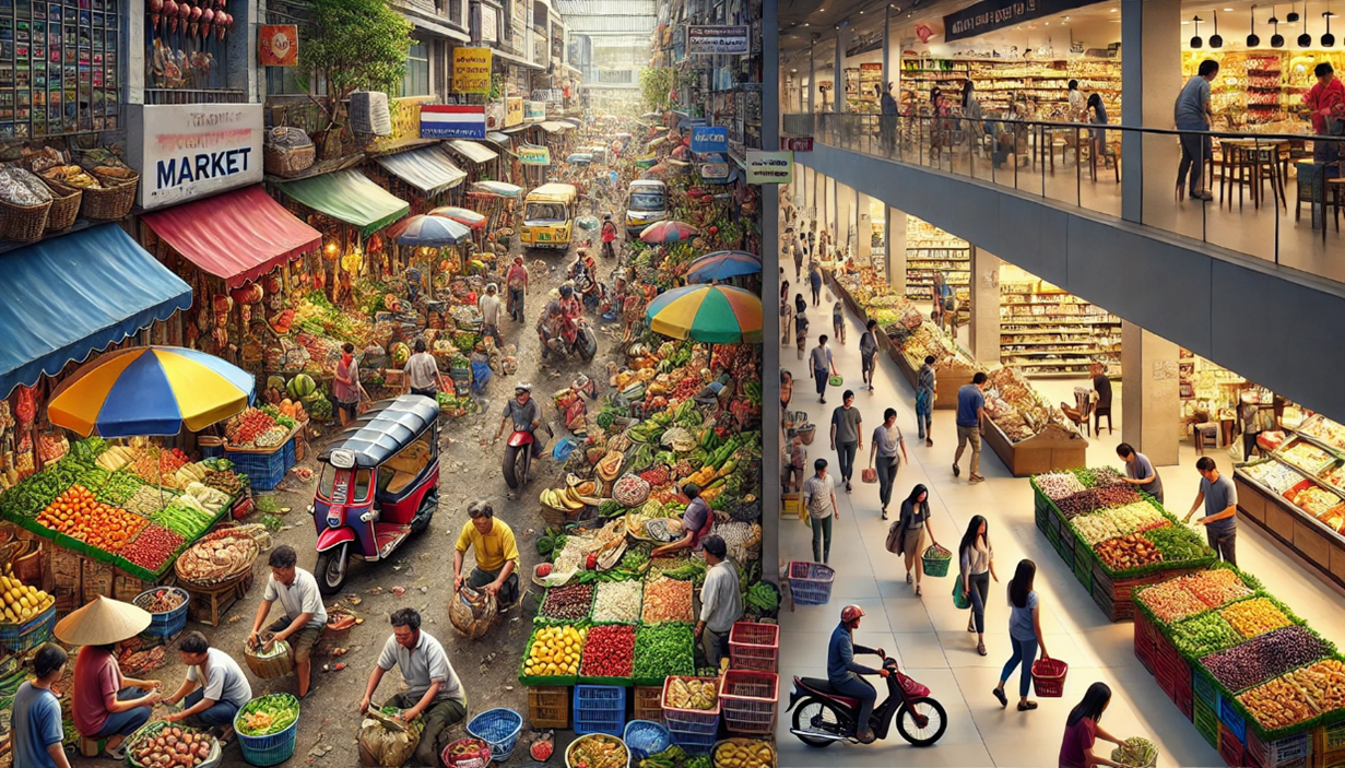 Wet market and supermarket image in Vietnam with different customer segments