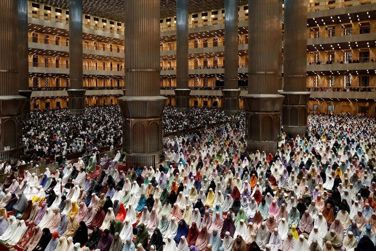 Indonesian Muslims take part in the evening mass prayers called "Tarawih"