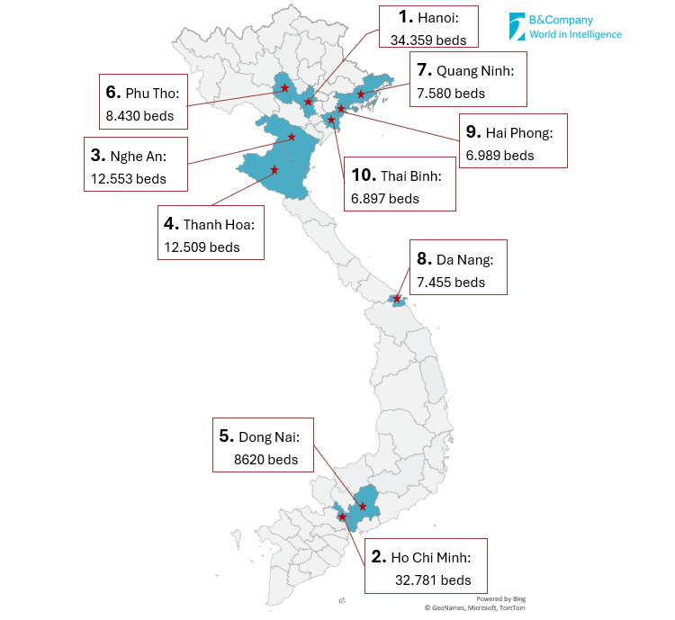 Top 10 provinces with the highest number of public patient beds in 2023