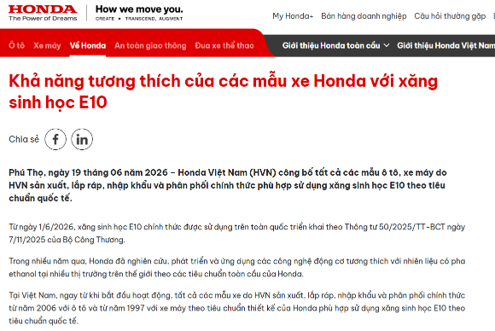 Honda Vietnam E10 compatibility announcement