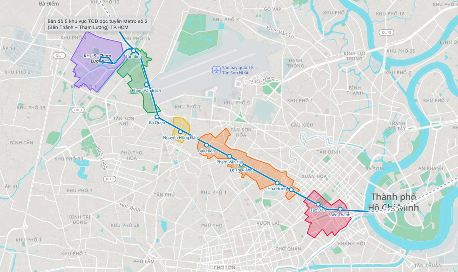Map of the five TOD zones along Metro Line 2